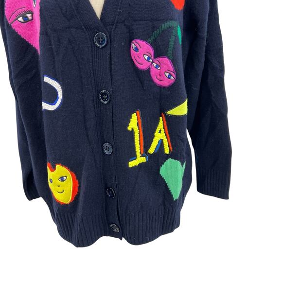 Maison Common Cardigan Sweater Fruit Print Navy Blue Merino Cashmere Size Medium - Picture 4 of 14
